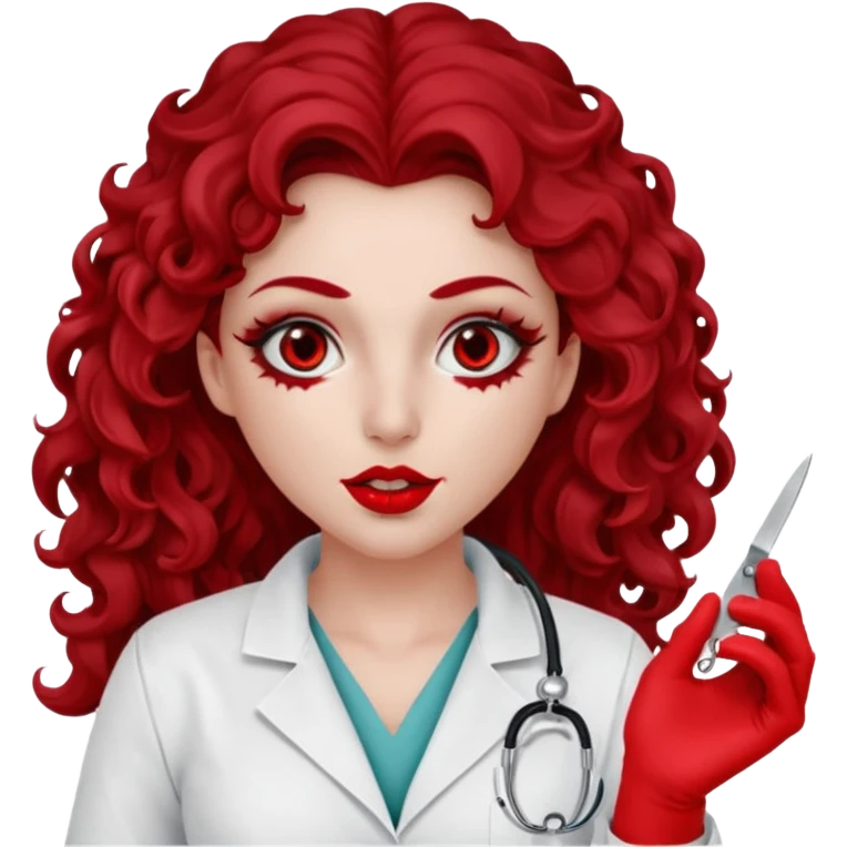 Lilith scalpel in hand, evil surgeon sexy surgeon clothes.  She has red eyes. She has dark brown long curly hair. Wears sexy doctor outfit with red gloves. Covers mouth neck and nose with red litham only covering under her nose to hide her identity emoji
