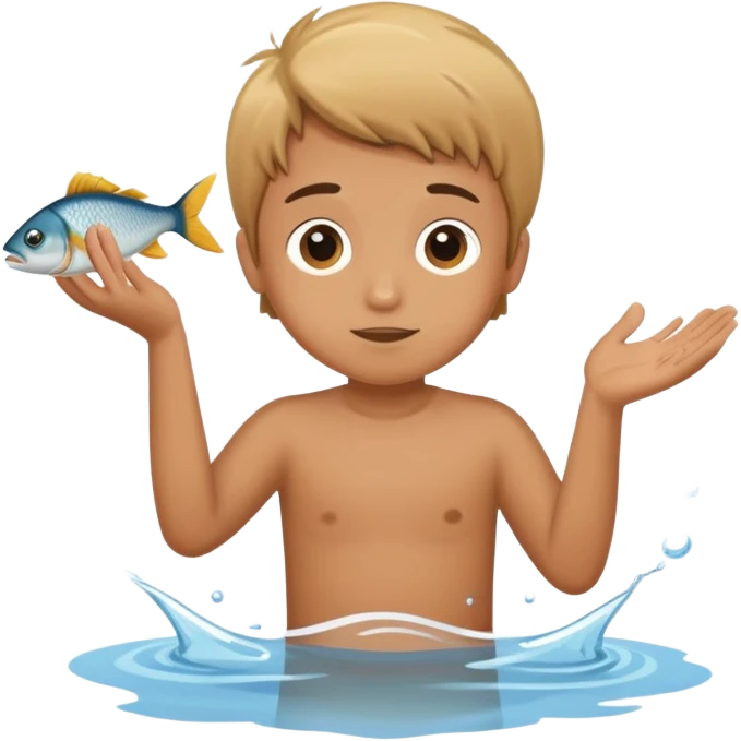 A boy catch fish with hand emoji