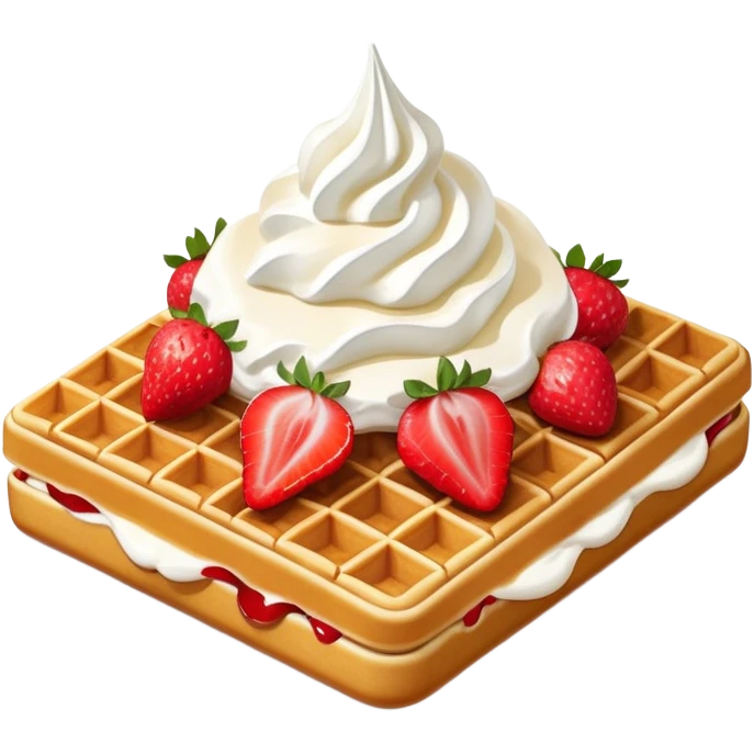 square waffle with dollop of whipped cream and strawberries on top emoji