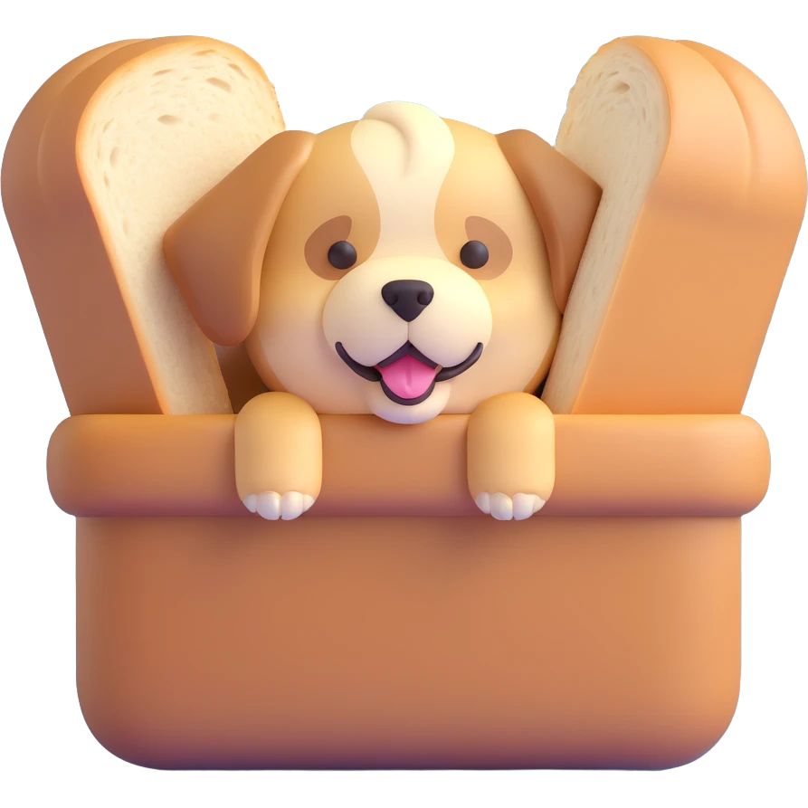 fluffy bread maker soft fluffy dog peeking from a bread loaf, cheerful, warm beige, full-body emoji