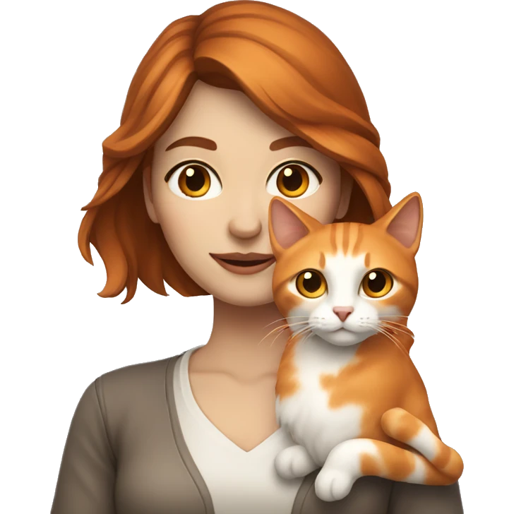 Woman with fair skin and long brown hair holding white and orange cat emoji