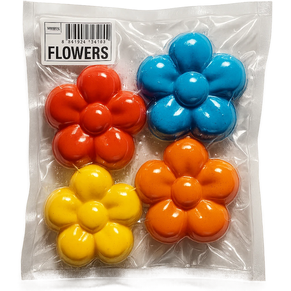 small colorful flowers, glossy and puffy, vacuum-sealed style emoji