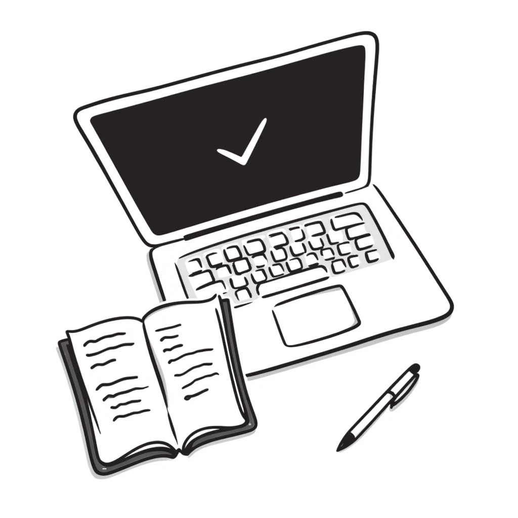 top view of a MacBook and a notebook with a pen nearby, notebook with visible notes emoji