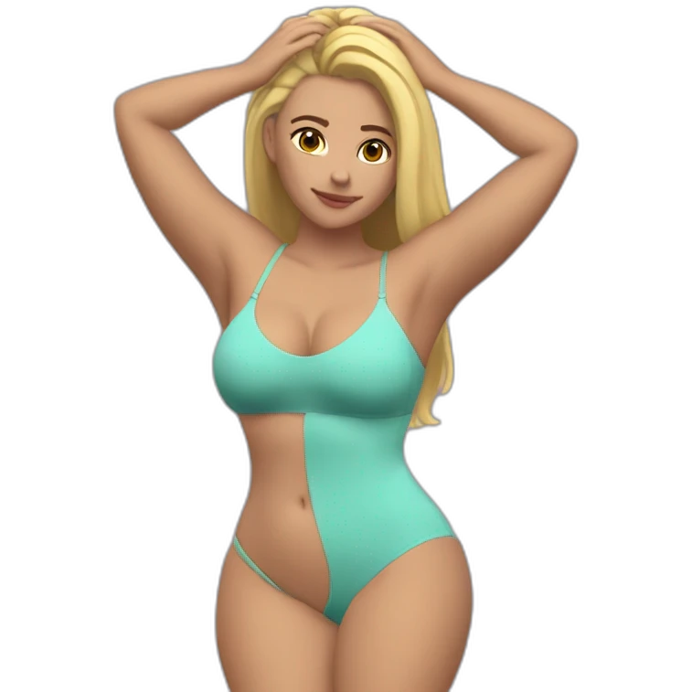 Slim-thicc Caucasian woman bra hands-in-hair pose (beach body) full body emoji