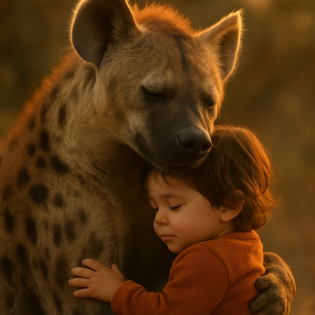 photorealistic hyena hugging a child with warm lighting, no cyberpunk emoji