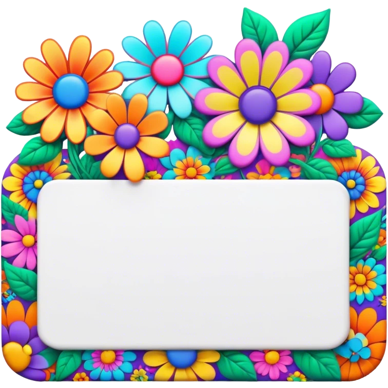 3D, psychedelic colored name tag with hippie style flower border emoji