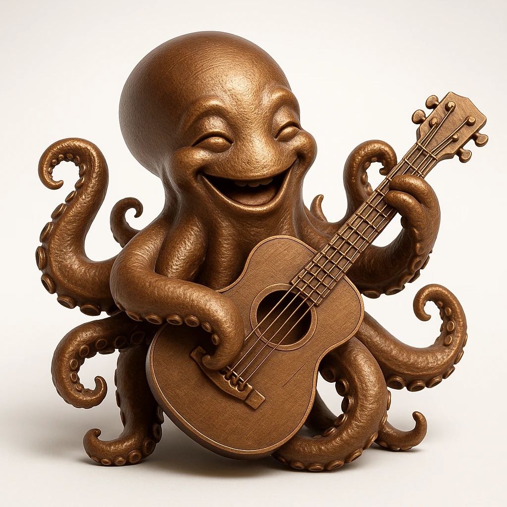 happy octopus with multiple arms playing guitar emoji