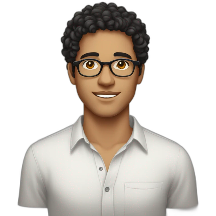 A beautiful Moroccan young man with curly, black hair and white skin, wearing round glasses and a shirt emoji