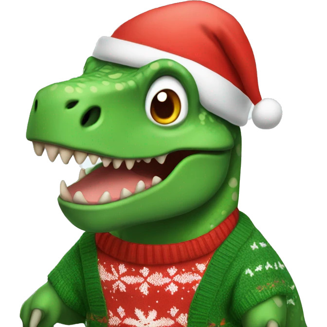 Dinosaur wearing a christmas jumper and santa hat emoji