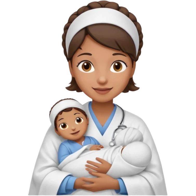 Female nurse smiling with a small hair roll on top of head with medium brown skin and brown eyes holding one new born  emoji