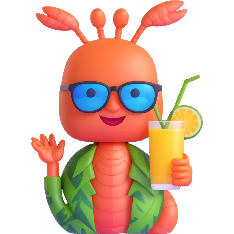 shrimp on vacation wearing sunglasses and a hawaiian shirt, holding a tropical drink, relaxing on a beach, memoji style emoji