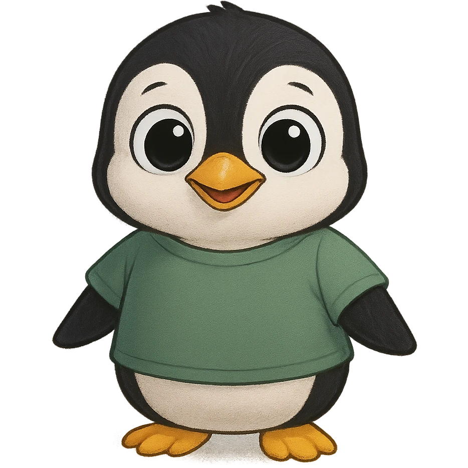 penguin with big eyes wearing a green t-shirt, friendly appearance emoji