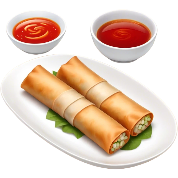 Spring Rolls Cinematic Realistic Spring Rolls Dish Emoji, depicted as 2 perfectly crisp spring rolls served with dipping sauce, rendered with lifelike textures and dynamic, appetizing lighting. emoji