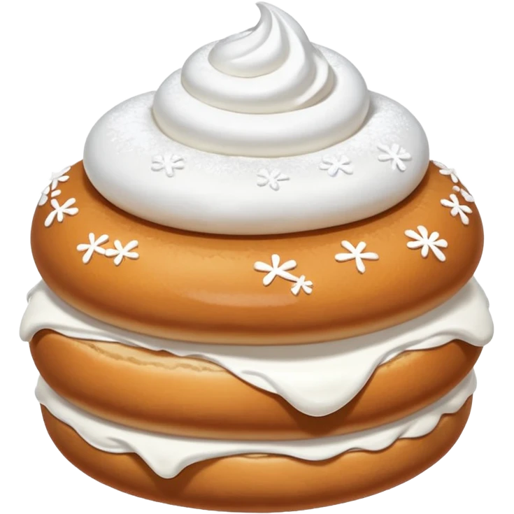 A bun with visible whipped cream in the middle beteween two bun halves and powdered sugar on top, no cream on top emoji