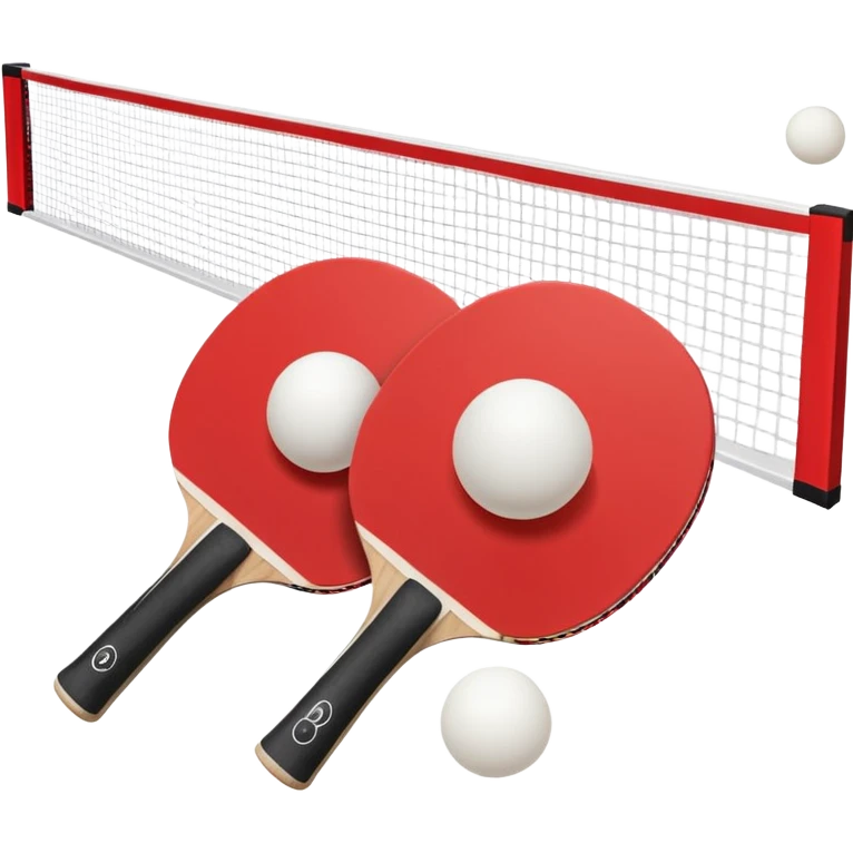 Two table tennis paddles and a ball placed on a ping pong table, with the net in the background. The scene conveys the simplicity and focus of the sport, with vibrant colors highlighting the rackets and ball on the smooth surface of the table. emoji