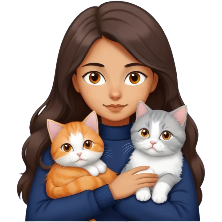 a girl with long dark brown hair, in a navy sweater, hugs a persian peaknose grey cat and persian peaknose orange and white kitten emoji