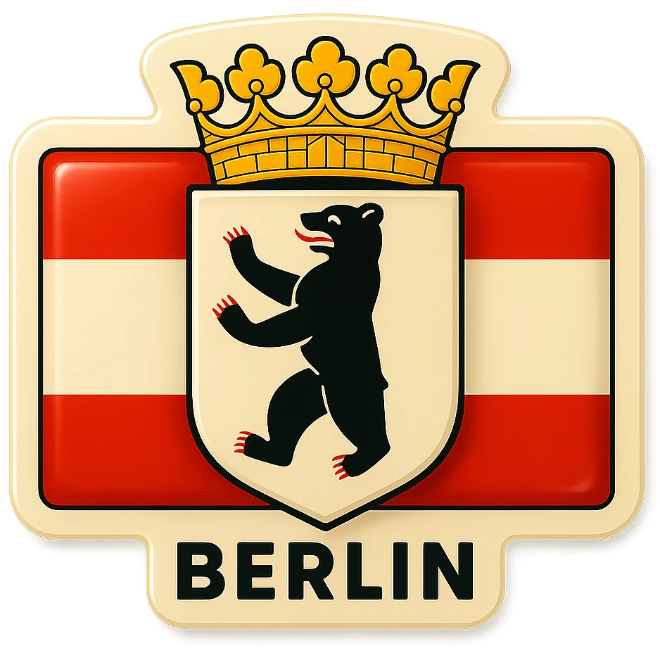 Create an icon for Berlin with a rectangular flag background that is white with red stripes. Center the Berlin coat of arms featuring a bear with a crown. The style should be less cartoonish and match the retro stickers style. Maintain exactly the same format and proportions as the Brandenburg icon from the provided reference image. emoji