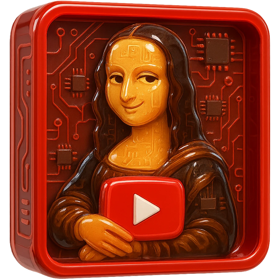 Mona Lisa with a mischievous smirk, holding a red YouTube play button, framed in a red glossy circuit style box emoji