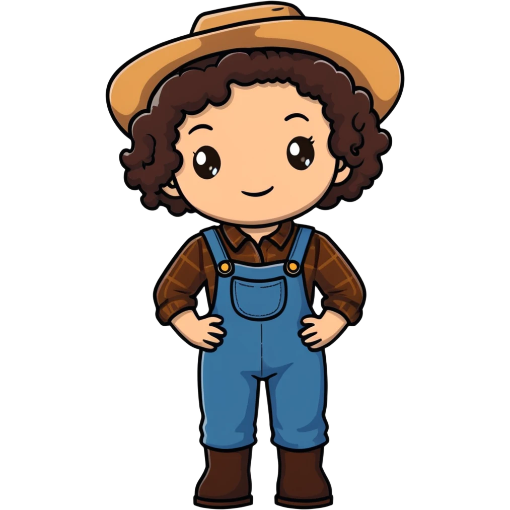 white girl with dark brown curly hair, brown eyes, wearing farm clothes emoji