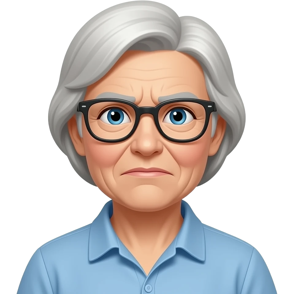 create an 72 year old dutch female patient with glasses and smile on one side and frown on the other emoji