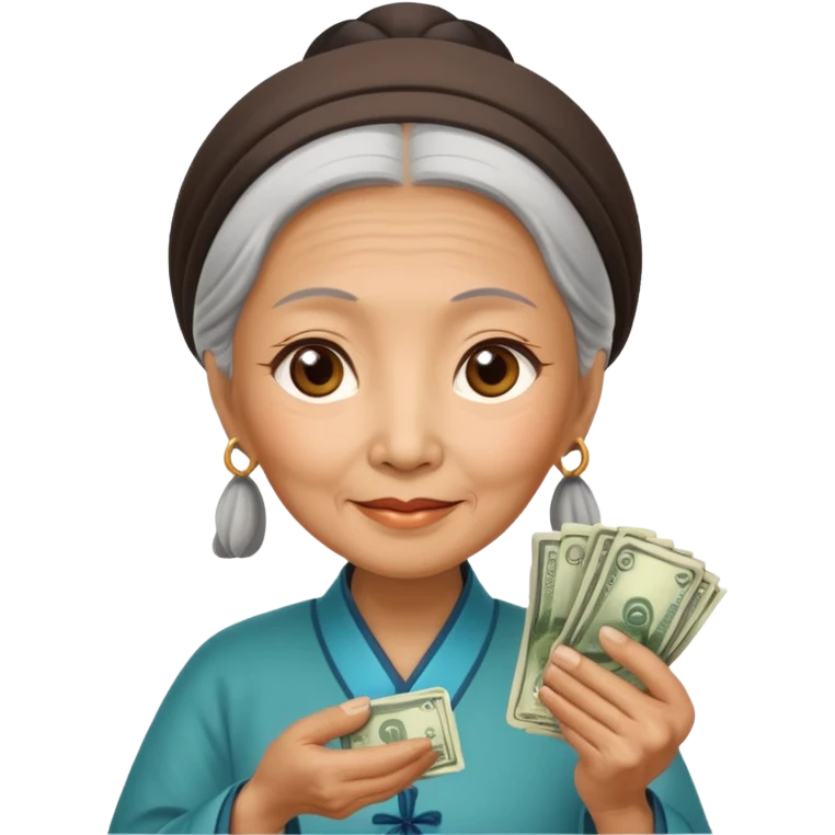 old chinese woman with Compassion - sympathetic concern for the sufferings of others, offering money emoji
