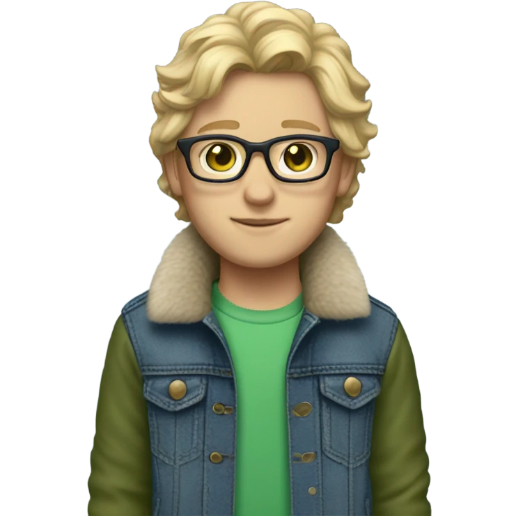 blonde shoulder-length haired boy with green eyes , glasses , blue jean jacket with fur lining emoji