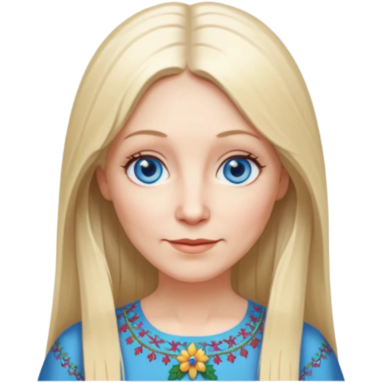 50 yr old white woman, hippie parted very long hair, short bangs, very long straight blond hair, oval face, small smile, blue eyes, thin face, hair downback, hair parted at center of head, round cheeks, pale, longer hair, white christmas dress emoji