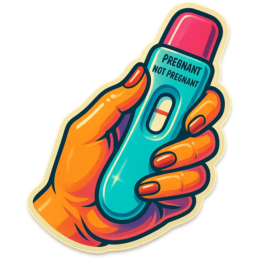 negative pregnancy test in hand, retro stickers style, soft rounded shapes, expressive contours, vintage color palette, light paper texture, shadows and highlights, transparent background emoji