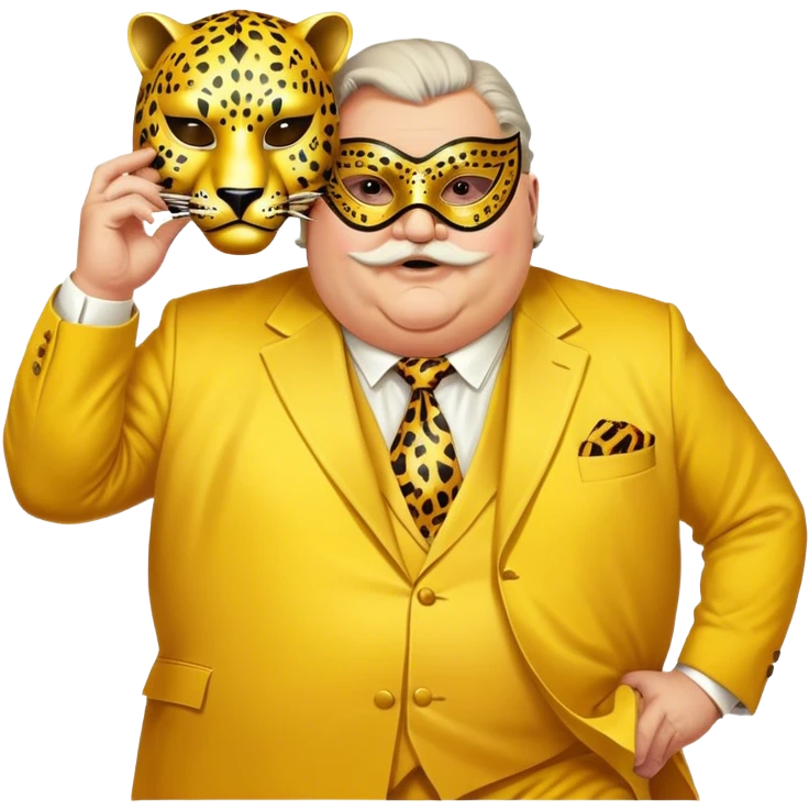 a fat old man, with a yellow suit,  wear half-face golden Leopard masquerade mask emoji
