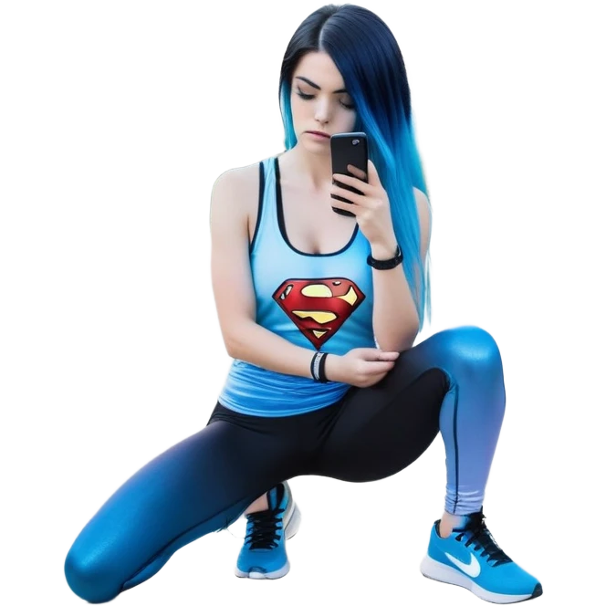 Shameful and disappointed-Female-very very very very large chest-texting on a samsung cell phone-very long straight flowing black to sky blue hair ombre-blue eyes-black eyeliner-long eyelashes-iridescent sky blue very low cut tank top with sparkling superman logo-black leggings-nike hightop sneakers emoji