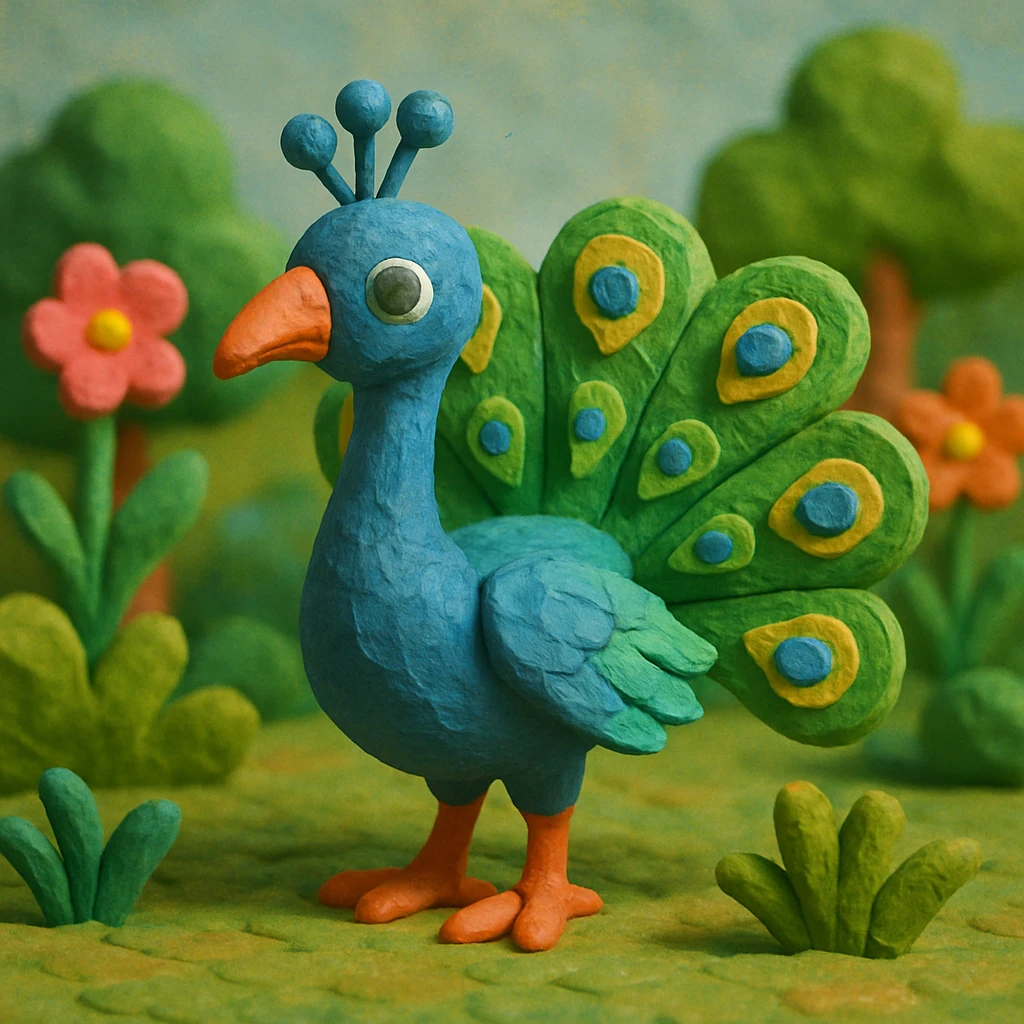 peacock standing in a garden, playful and vibrant, textured look, claymation style emoji