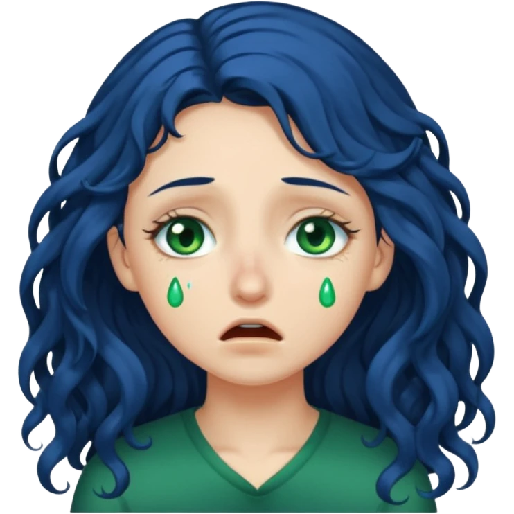 Girl with long  curly dark blue hair, green eyes, and very fair skin.crying emoji