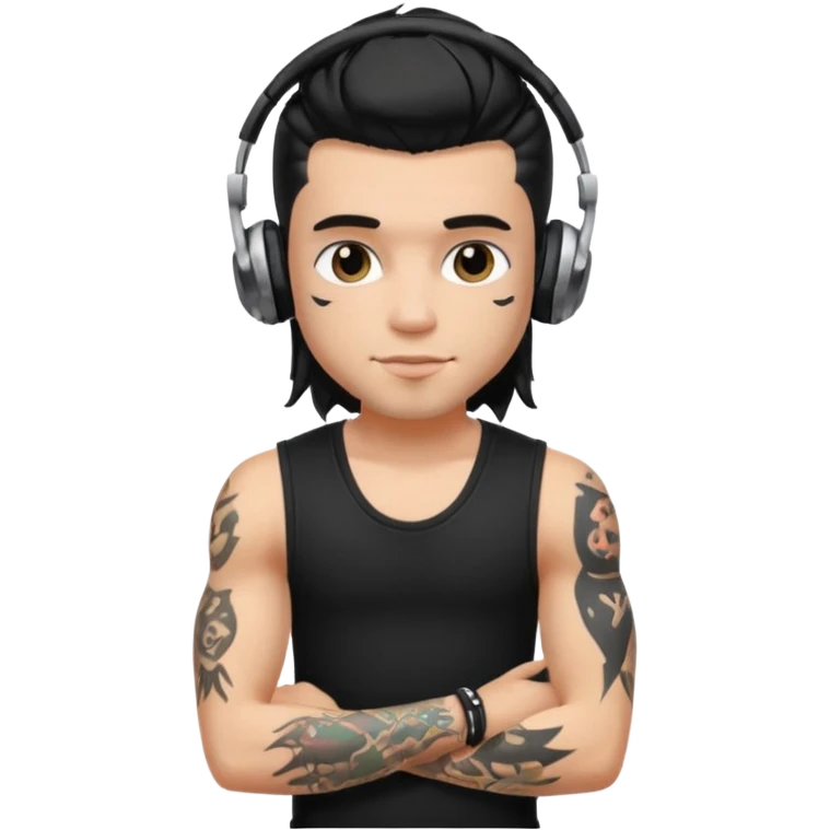 a pretty bratz guy with mullet and earphones and a sleeveless black top with tattoos on arm emoji