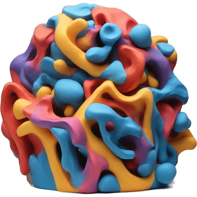 a colorful abstract sculpture made with modeling clay on a white plinth emoji