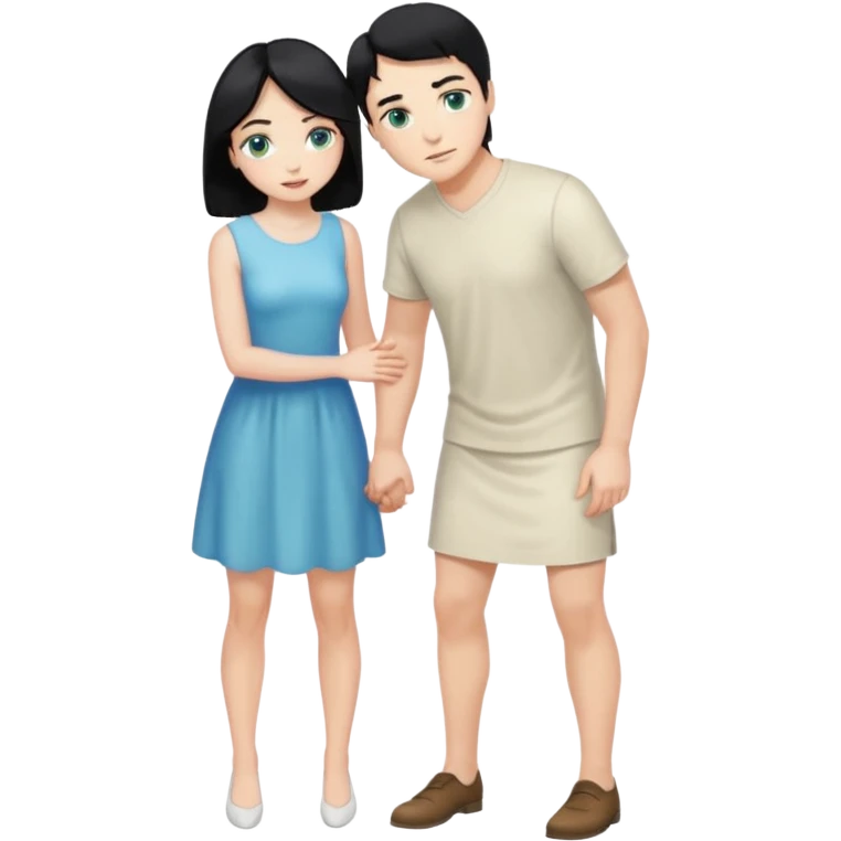 King, man, standing, black Hair, blue eyes, whole body, Woman, bending knees, blonde, green eyes, White Dress, emoji