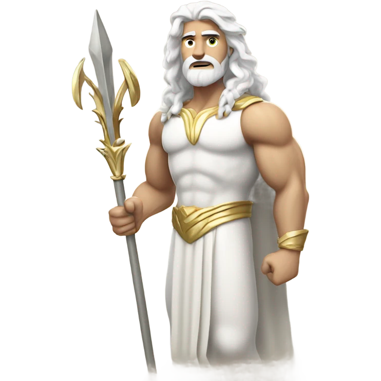 white Poseidon with gold Trident. long white hair white dress. show biceps muscle emoji