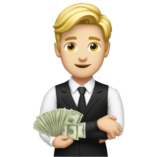 a young  white and with blonde male with money in his hands. He is dressed with a black suit and a white shirt emoji