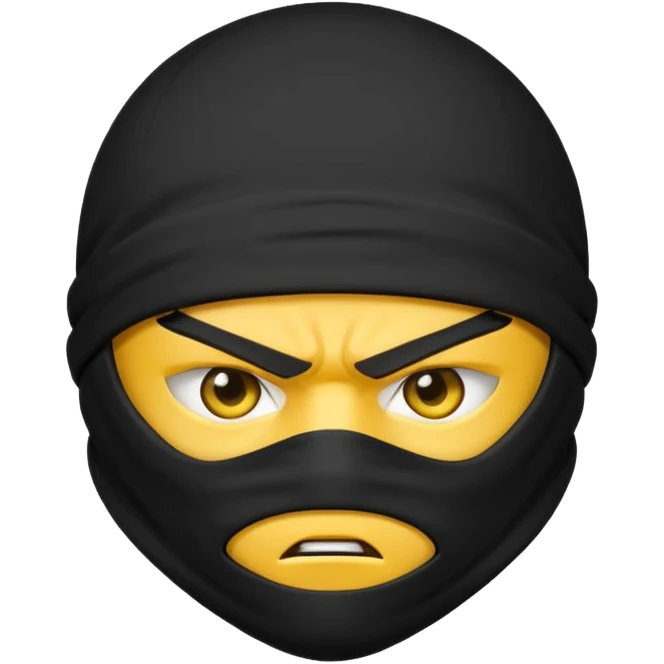 angry ninja face emoji, classic yellow emoji style, all black ninja mask, scowling eyes, no visible skin except eyes emoji