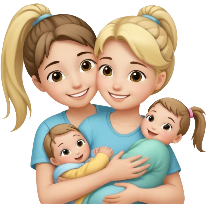 Teenage girl with ponytail embracing a baby and her little sister, loving family emoji