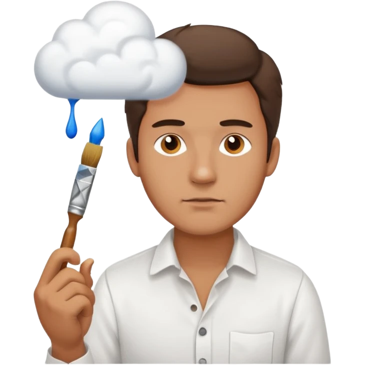 a man in a white buttoned shirt with a thinking cloud picturing a brush emoji