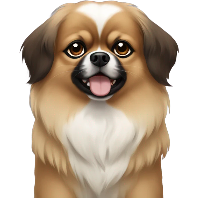Tibetan Spaniel. It has a brown face, large black eyes, and its fur is white and fluffy. emoji