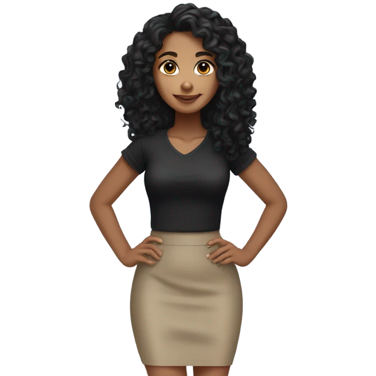 Tan girl with black long curly hair black pencil skirt full body emoji