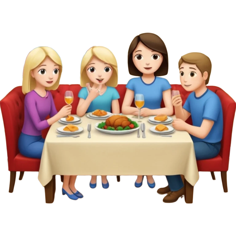 people at a dinner table with a girl on sofa talking in a home emoji