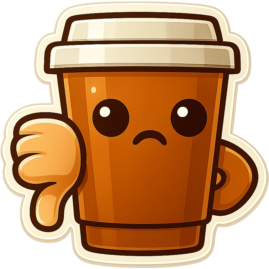 Tall coffee cup, no mouth, big thumbs down emoji