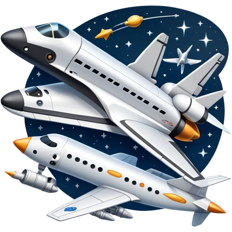 An icon featuring a space shuttle, a drone, and an airplane against a starry sky, symbolizing aerospace technology. The design includes rocket boosters and satellite orbits, representing the exploration of space and advanced aviation. Transparent background emoji