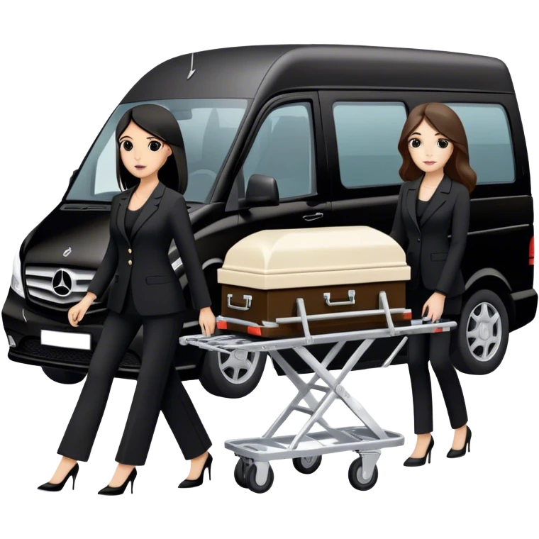 Two woman in black pants suits. One I brunette and one has black hair. They are pushing a funeral stretcher in to a black Mercedes Vito funeral van  emoji
