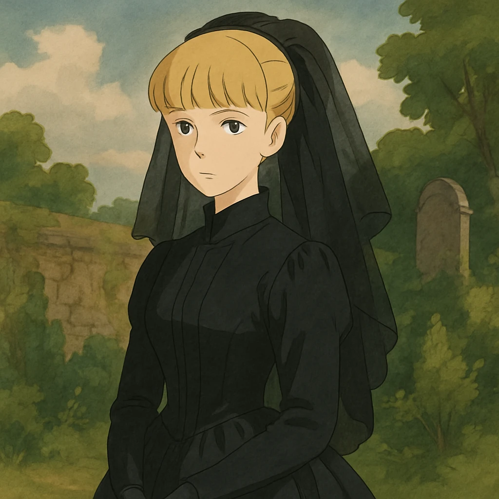 Blonde Victorian woman with bangs wearing a black silk mourning gown  emoji