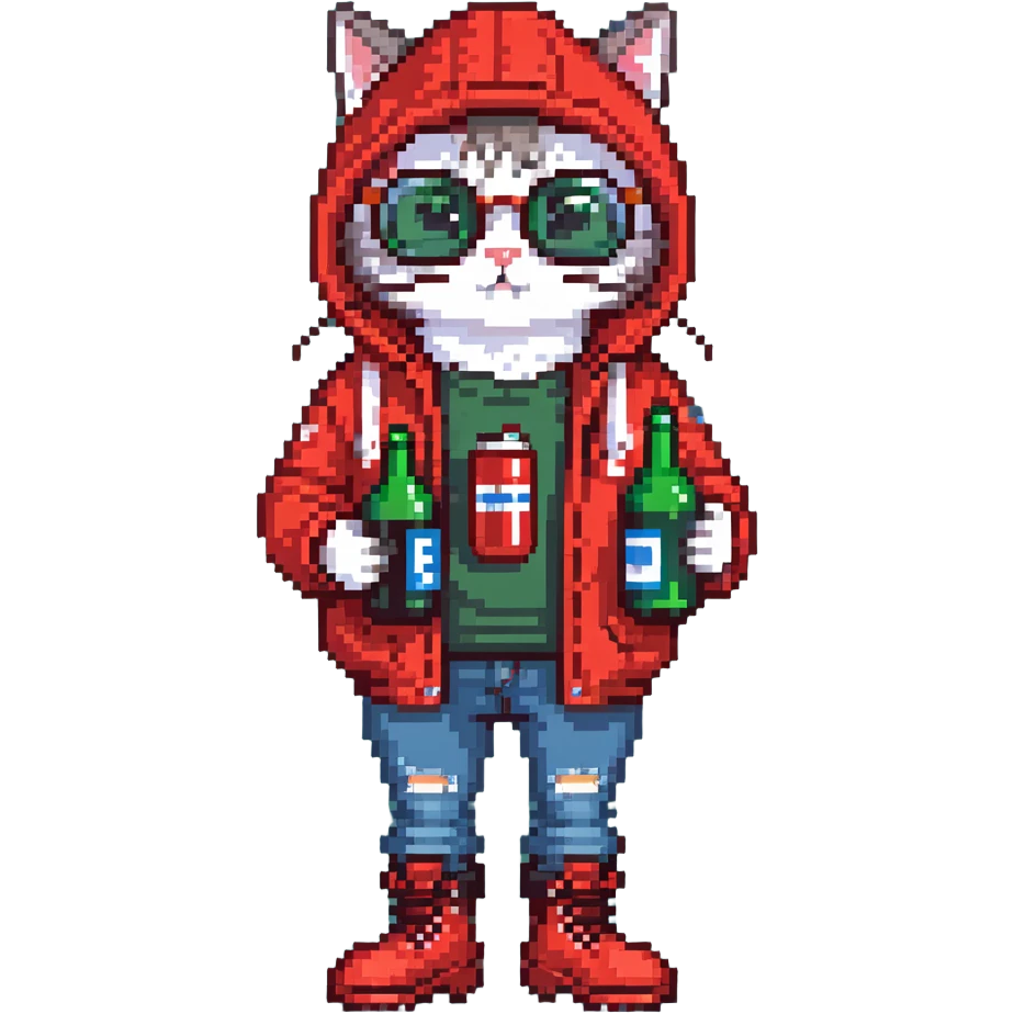 Catfish wearing red hooded winter jacket, round glasses, blue jeans, red boots, holding beer can with red label emoji
