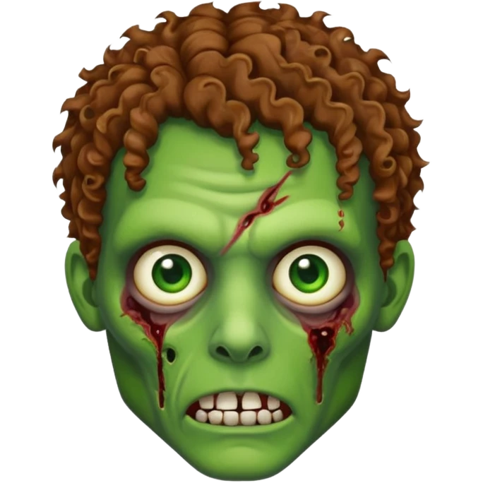 Generate an emoji-style image with a white background of a green-skinned zombie. The zombie should have visible facial wounds, curly brown hair with highlights, green eyes, and a shaved line in the left eyebrow. emoji