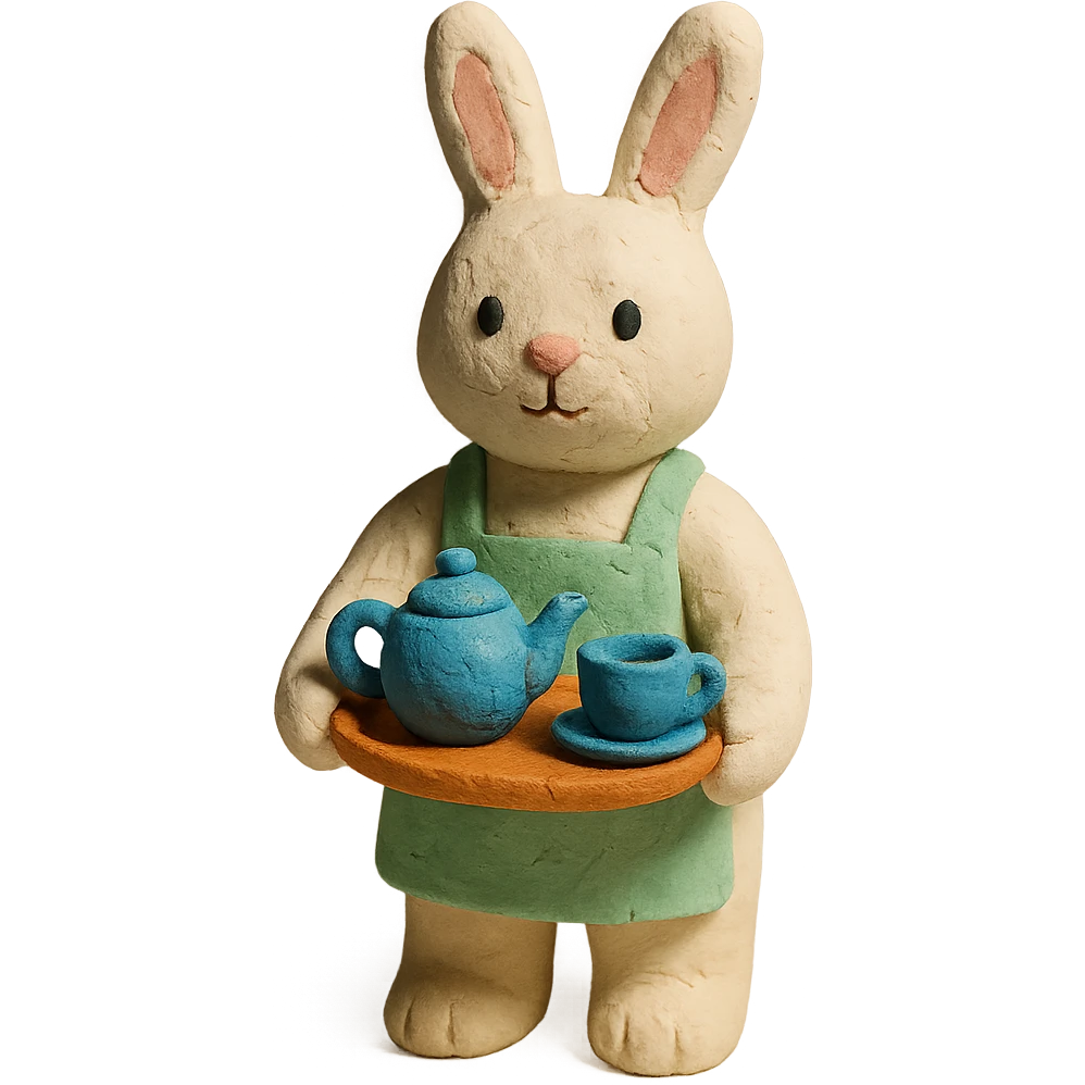 white bunny in apron holding tea tray, claymation style emoji
